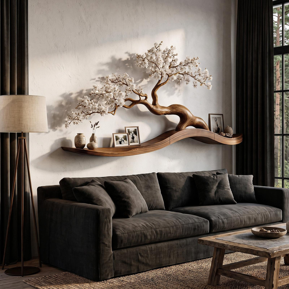 Organic Wall Mounted Shelf With Sculptural Tree Branch Design For Living Room And Bedroom