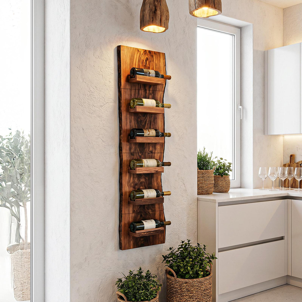 Rustic Wall Mounted Wine Rack, Vertical Solid Wood Bottle Holder & Storage Shelves for Kitchen & Dining