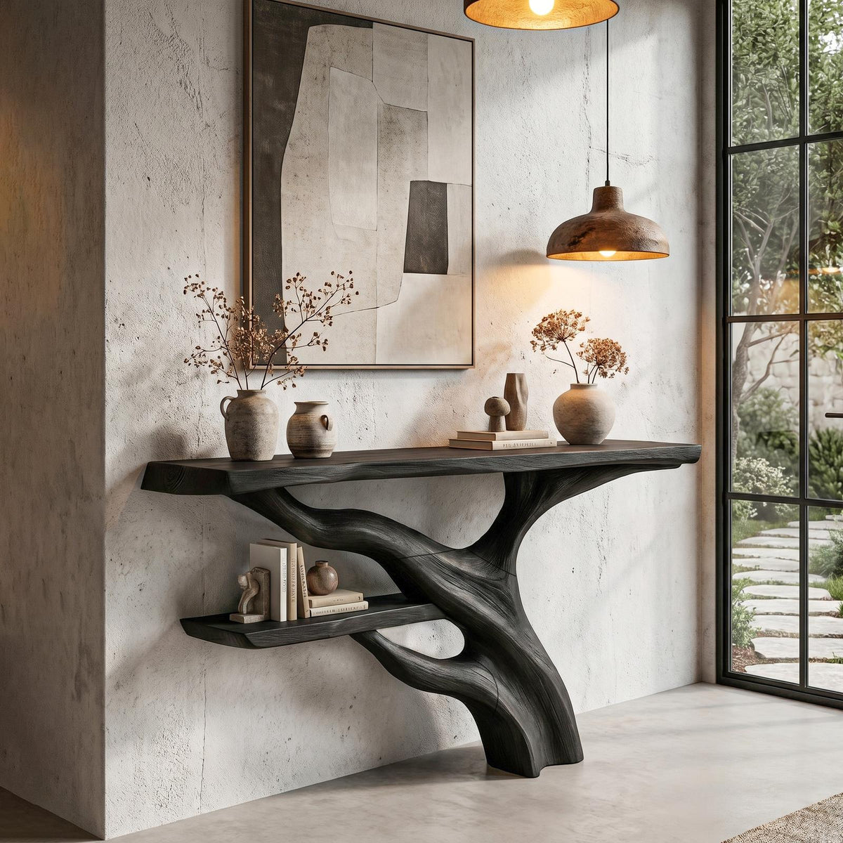 Sculptural Console Table, Abstract Tree Branch Wood Base & Solid Wood Top for Entryway & Foyer