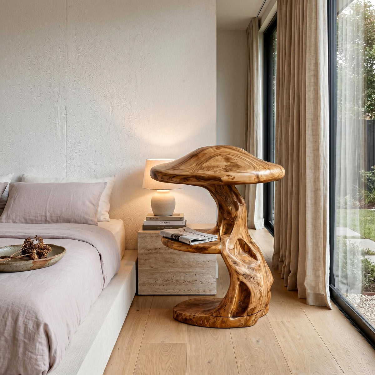 Spry Interior Rustic Mushroom Nightstand with Sculptural Tree Root Base & Built-in Drawer, Unique Solid Wood Bedside Table, SINLHABT260