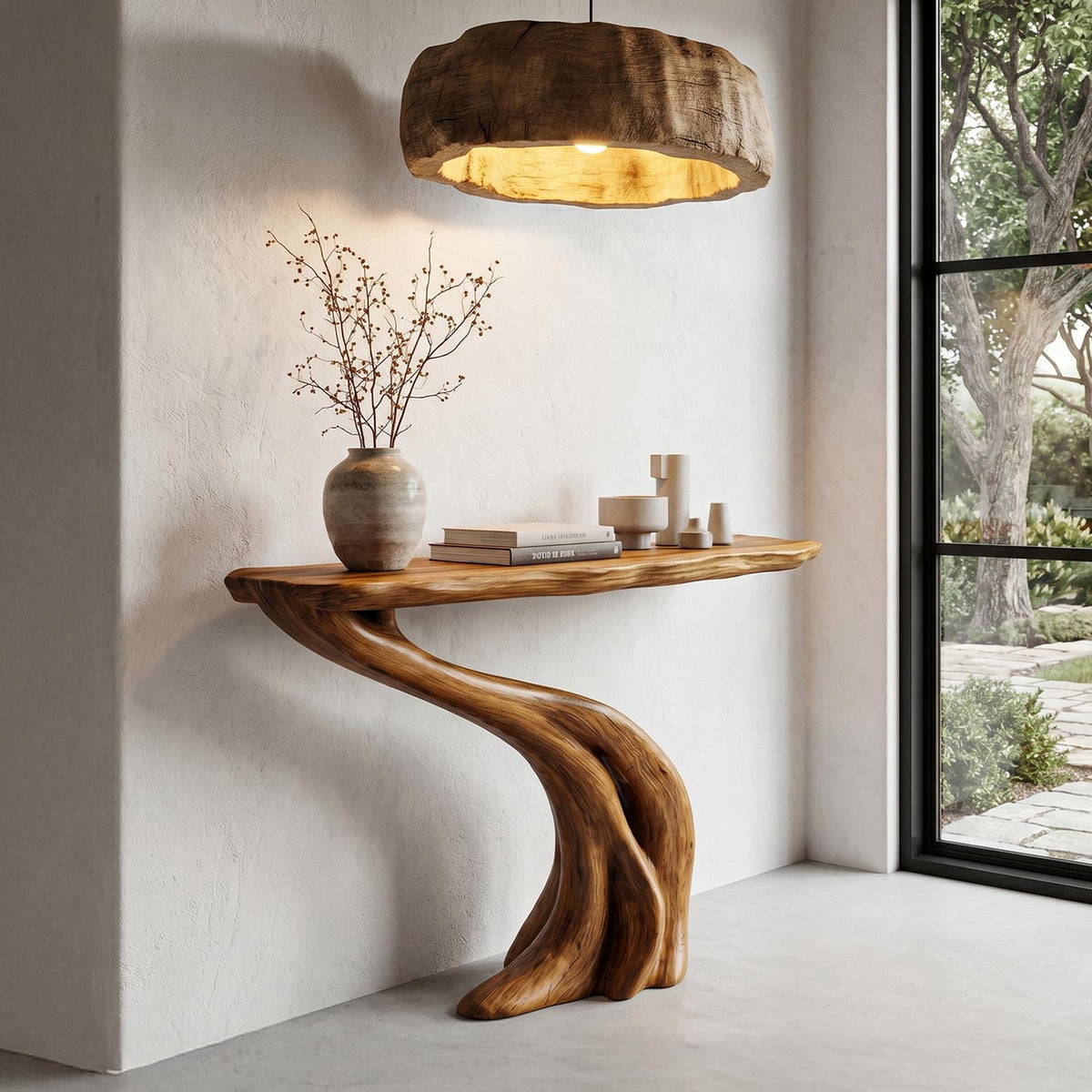 Organic Curved Console Table, Soft Flowing Solid Wood Base for Entryway, Foyer & Living Room Decor