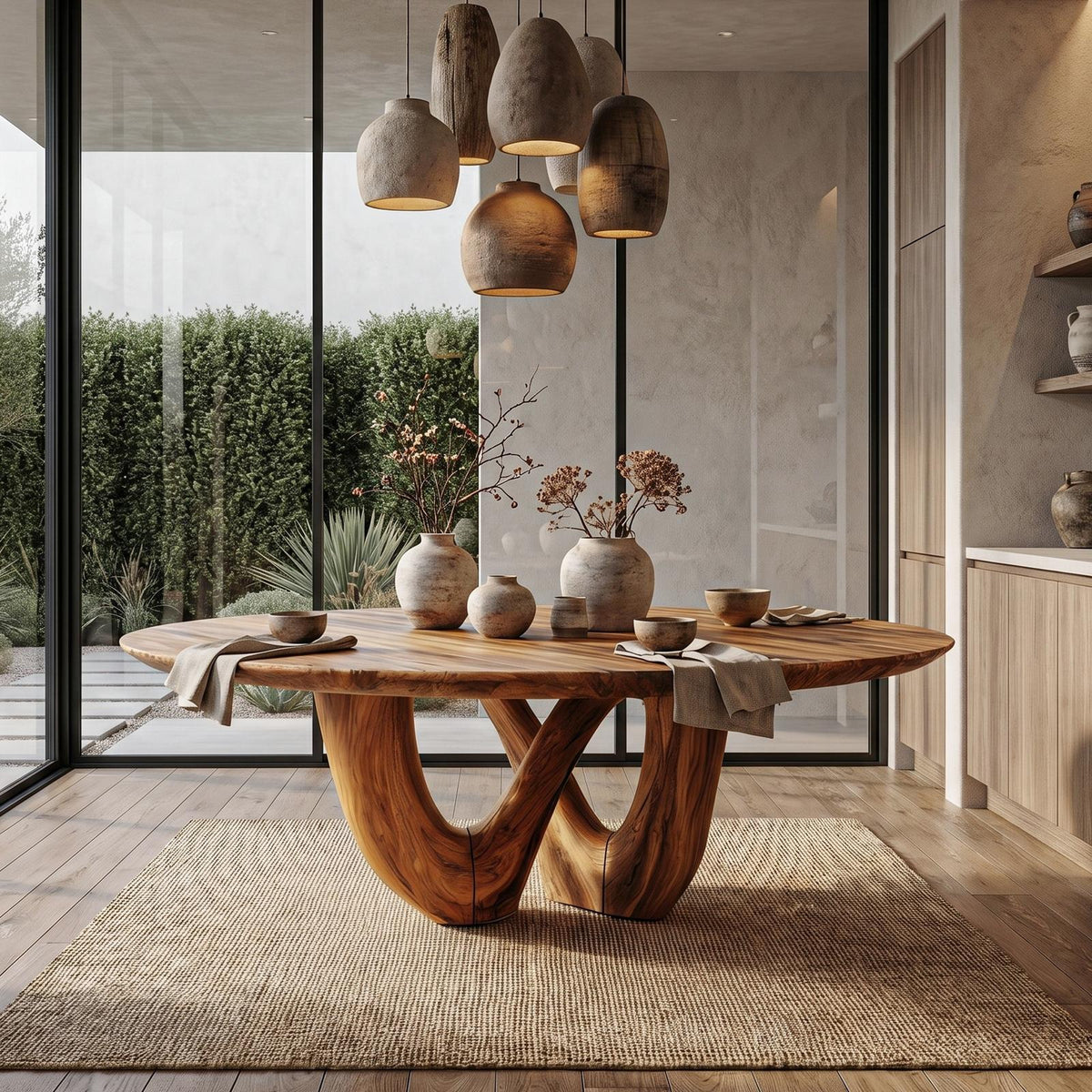 Sculptural Double Curved Base Dining Table, Handcrafted Solid Wood Dining Room & Kitchen Statement Table