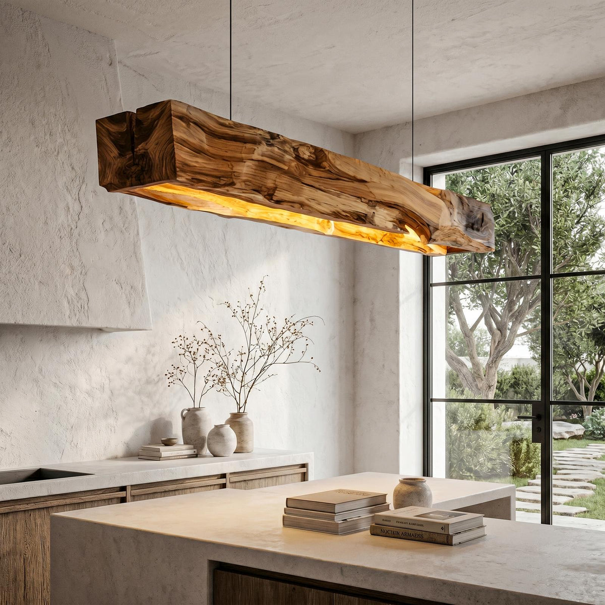 Organic Modern Pendant Light, Sculptural Wood Beam Hanging Ceiling Fixture for Kitchen Island & Living Room, Model