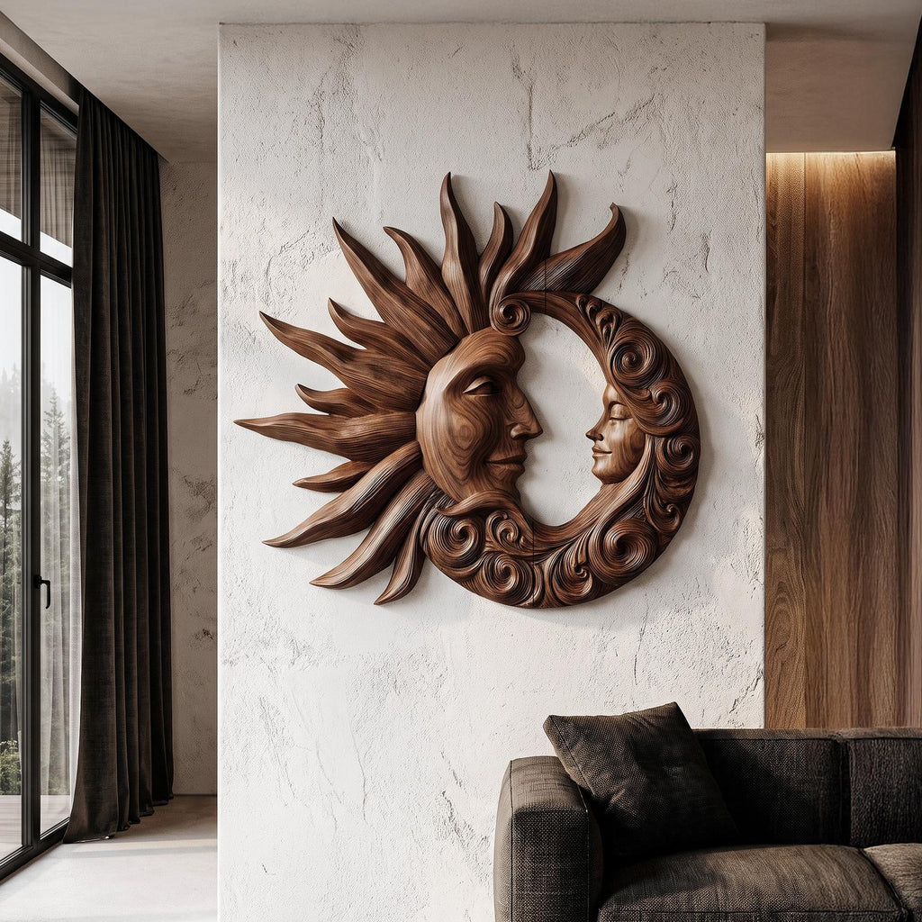 Organic Wood Wall Art With Carved Sun And Moon Design For Living Room And Bedroom