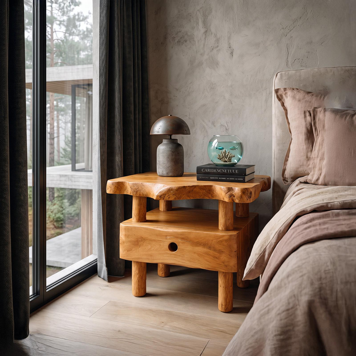 Organic Solid Wood Bedside Table With Open Shelf And Drawer SINLHANS291