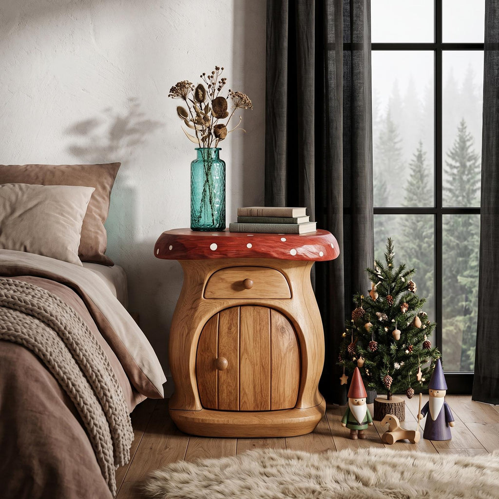 Modern Mushroom Bedside Table With Wooden Storage Door