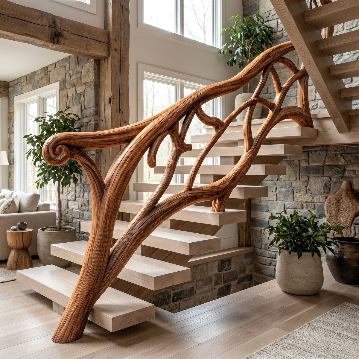 Artistic Tree Branch Stair Railing, Custom Handcrafted Sculptural Wood Handrail for Interior Staircase Remodeling