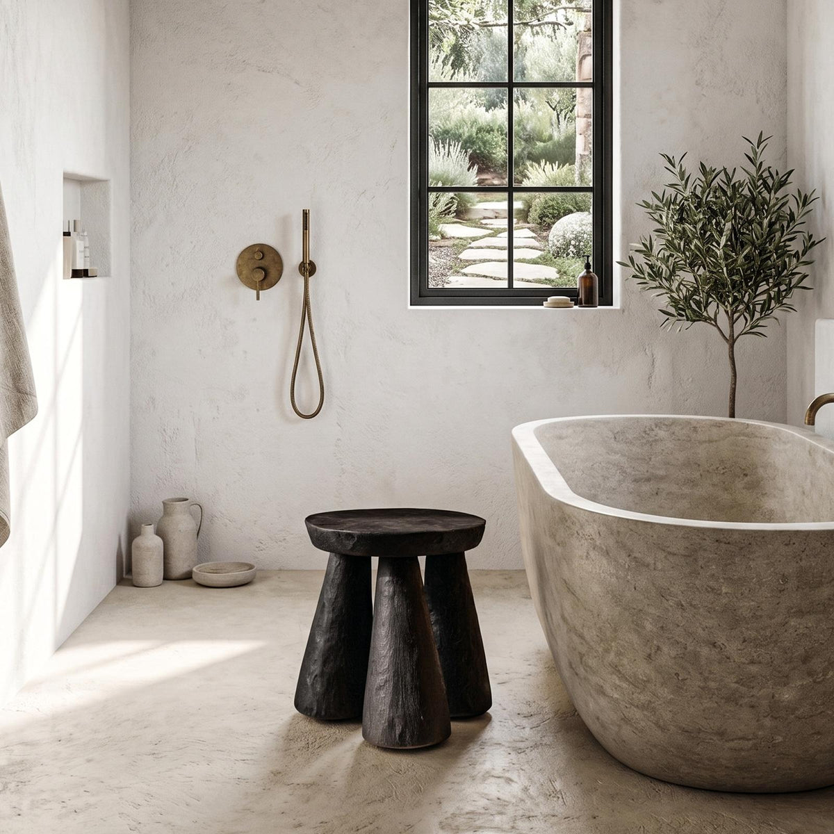 Handcrafted Solid Wood Bathroom Stool, Rustic Wooden Shower Bench & Spa Seat for Bedroom & Vanity