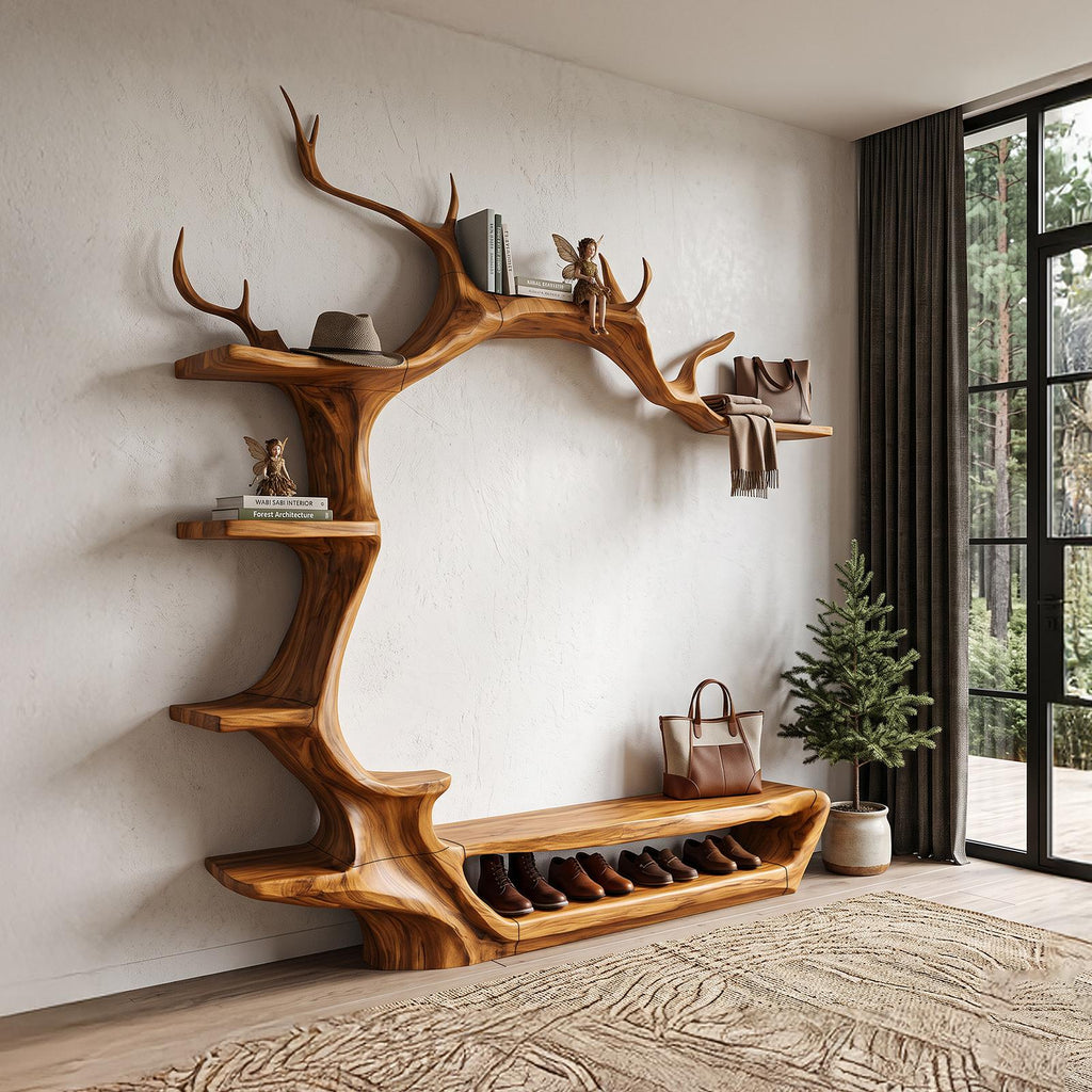 Rustic Tree Shoe Bench Wall Mounted Coat Rack For Entryway Hallway