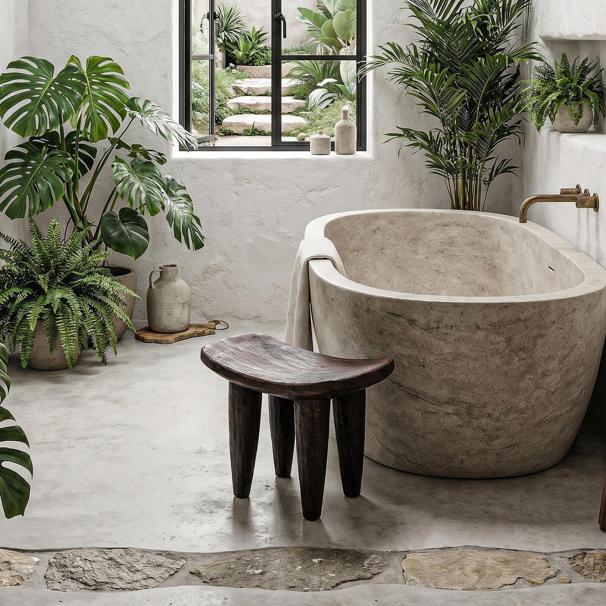 Rustic Solid Wood Stool, Artistic Sculptural Side Table and Waterproof Bath Seat for Luxury Bathroom and Living Room