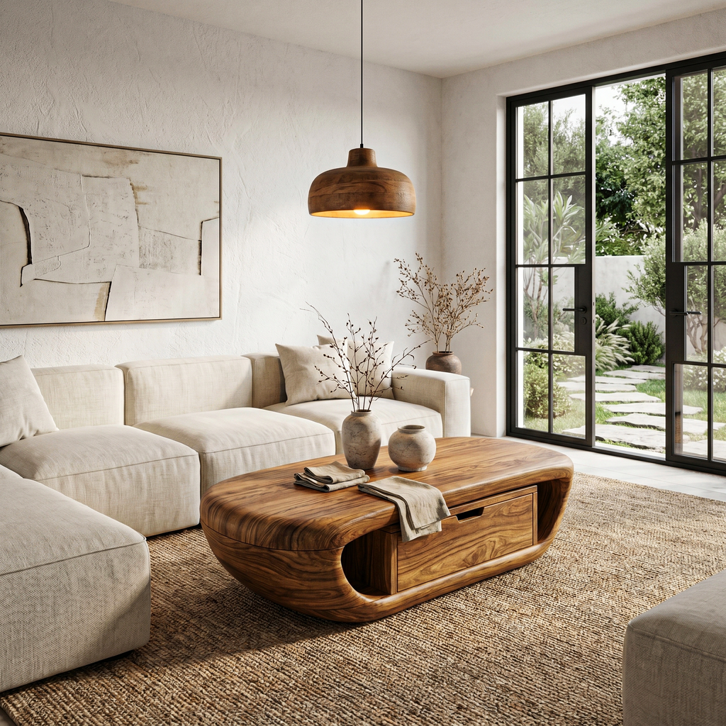 Modern Wood Coffee Table with Built-In Storage Shelf, Sleek Mid-Century Center Table for Living Room