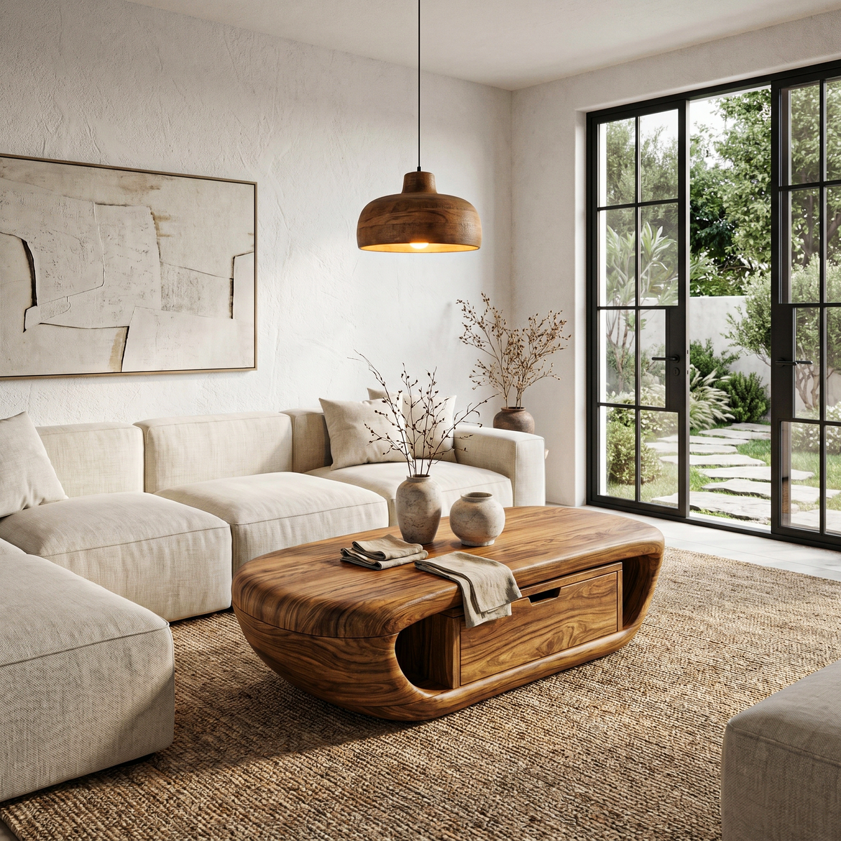 Modern Wood Coffee Table with Built-In Storage Shelf, Sleek Mid-Century Center Table for Living Room