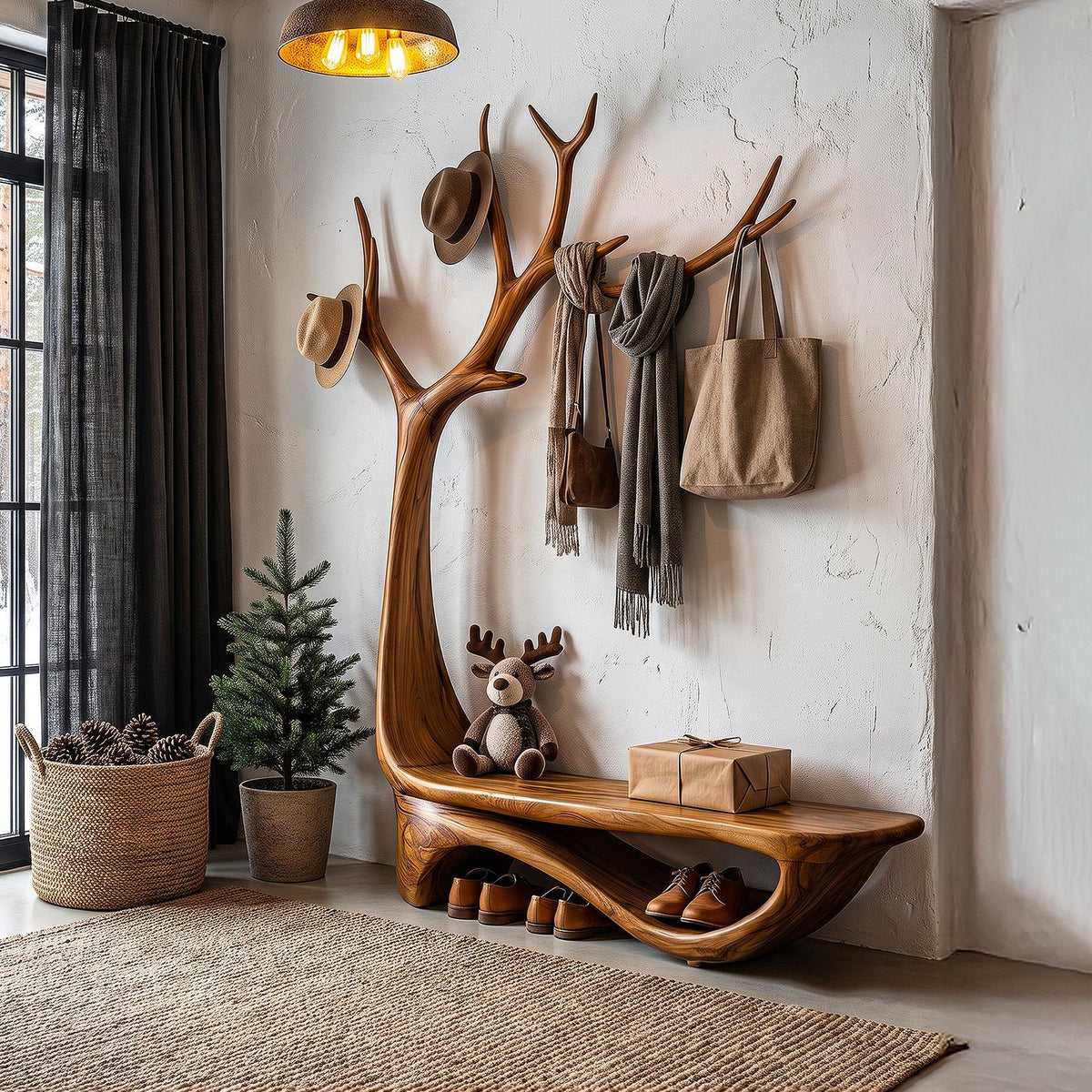 Organic Tree Shoe Bench Wall Mounted Coat Rack Storage For Entryway Hallway
