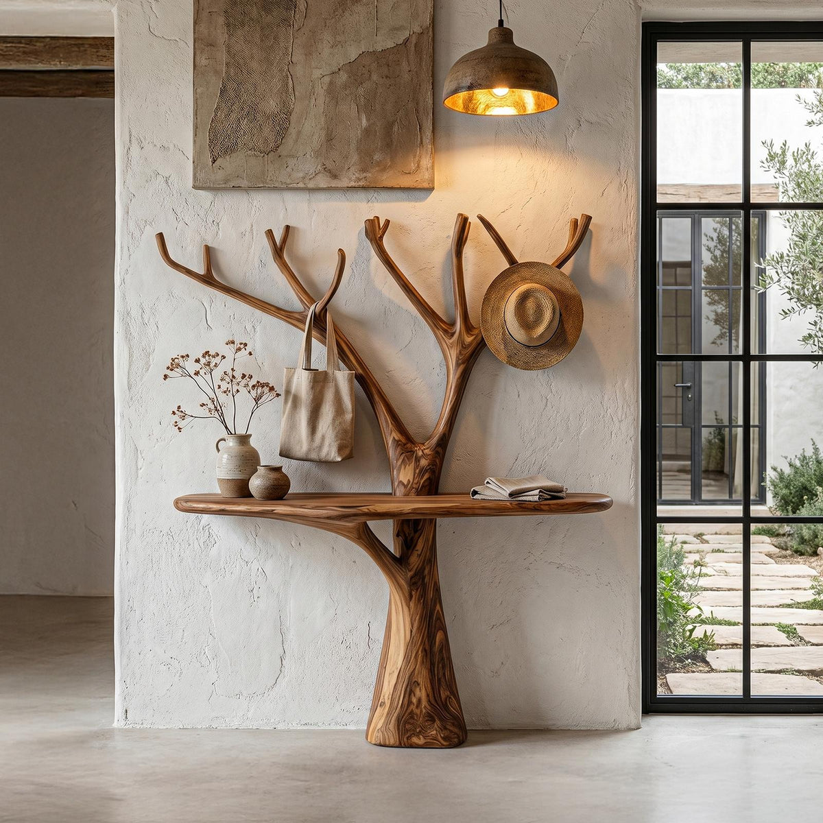 Rustic Organic Wooden Console Table, Live Edge Hallway Entryway Table with Tree Branch Base, Model