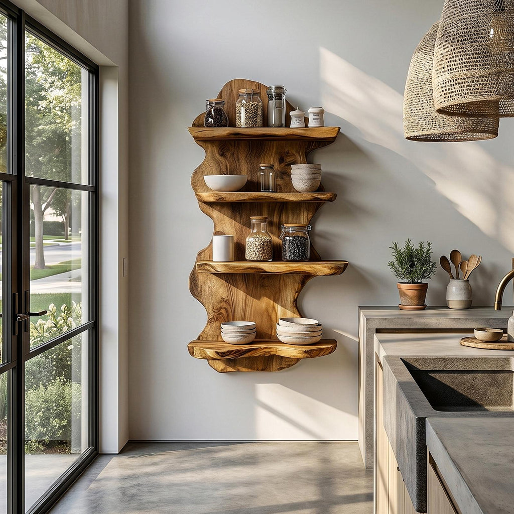 Sculptural Floating Shelf With Organic Wooden Form For Living Room And Kitchen