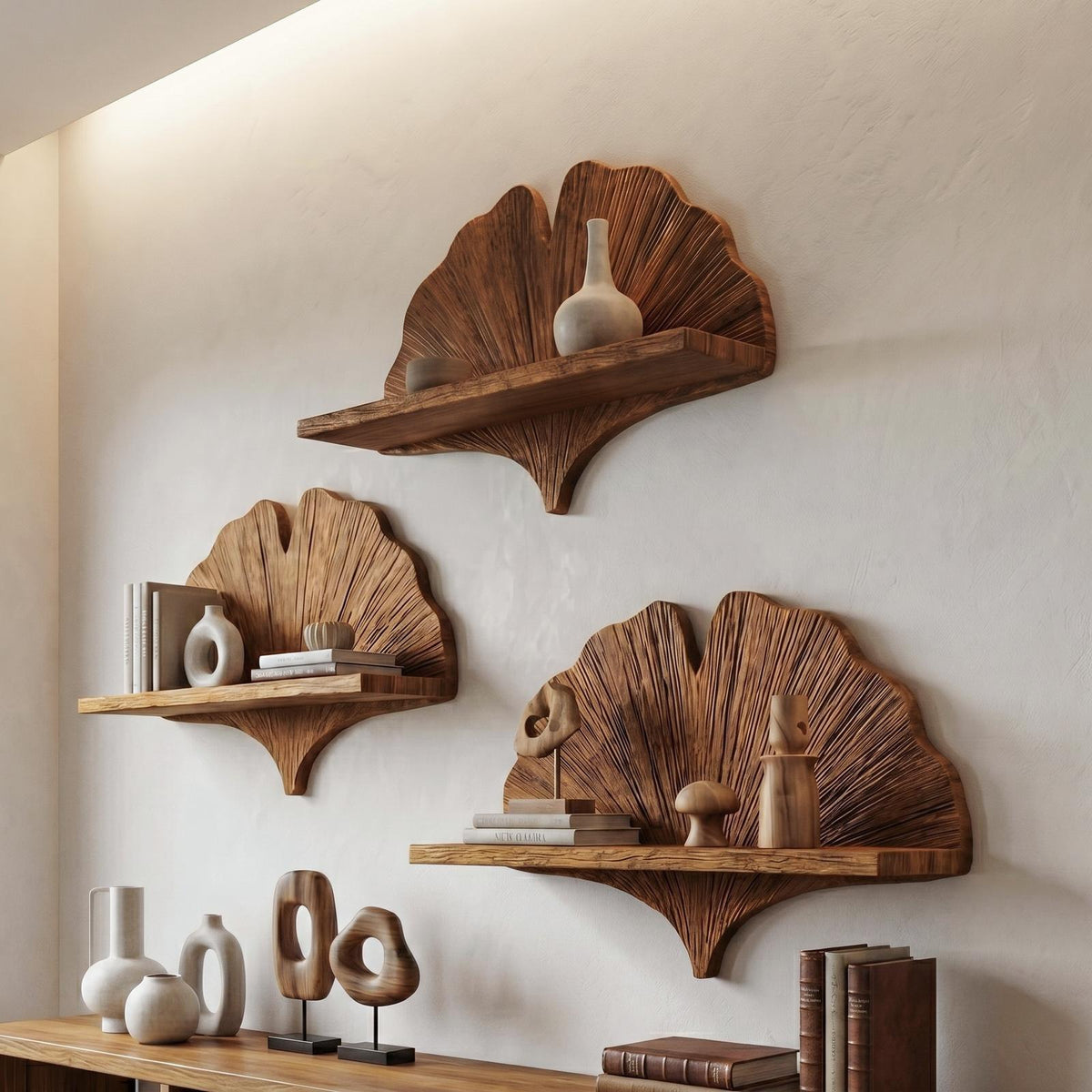 Spry Interior Fan Shape Wooden Floating Wall Shelf, Solid Wood Corner Display & Decorative Mounted Shelf for Living Room, SINLHAFL531
