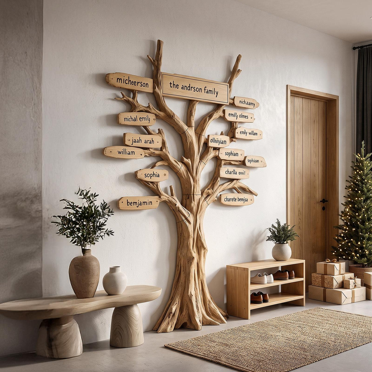 Contemporary Family Tree Wall Art With Custom Name Plaques For Entryway And Foyer