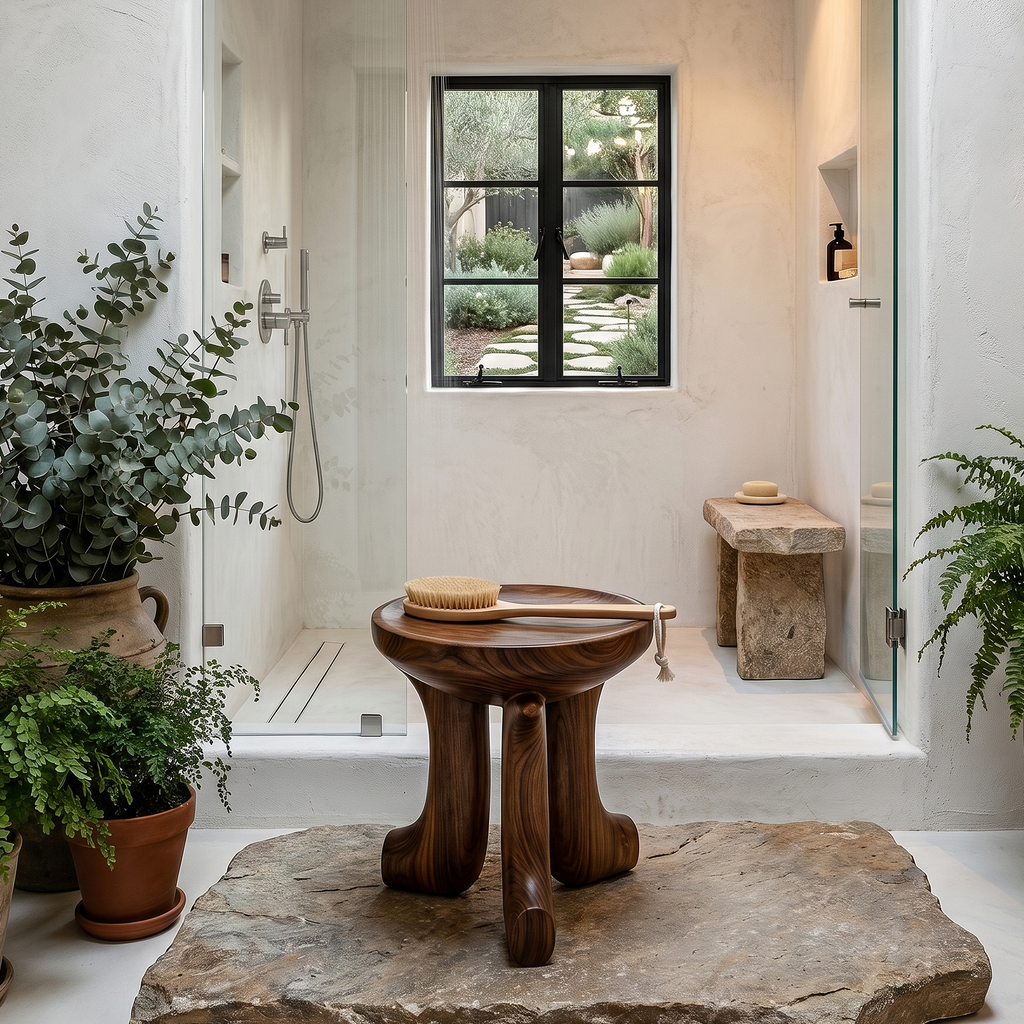 Rustic Solid Wood Bath Stool with Chunky Legs, Waterproof Spa Shower Bench Seat for Country Style Bathroom