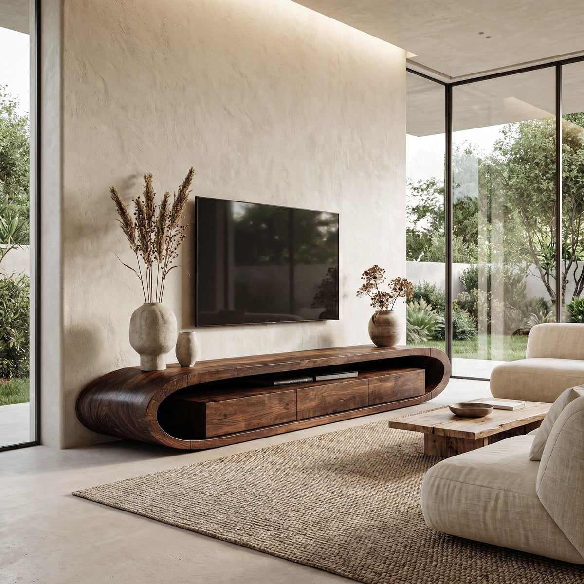 Organic TV Cabinet, Curved Solid Wood Media Console Table with Built-in Drawer Storage for Living Room