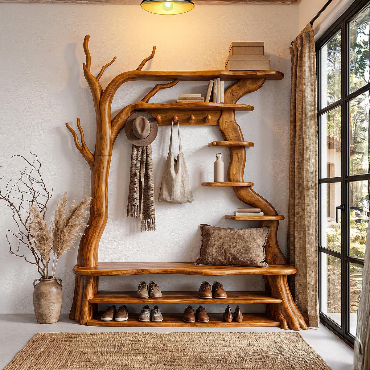 Rustic Tree Shoe Bench Coat Rack Storage Organizer For Entryway Hallway