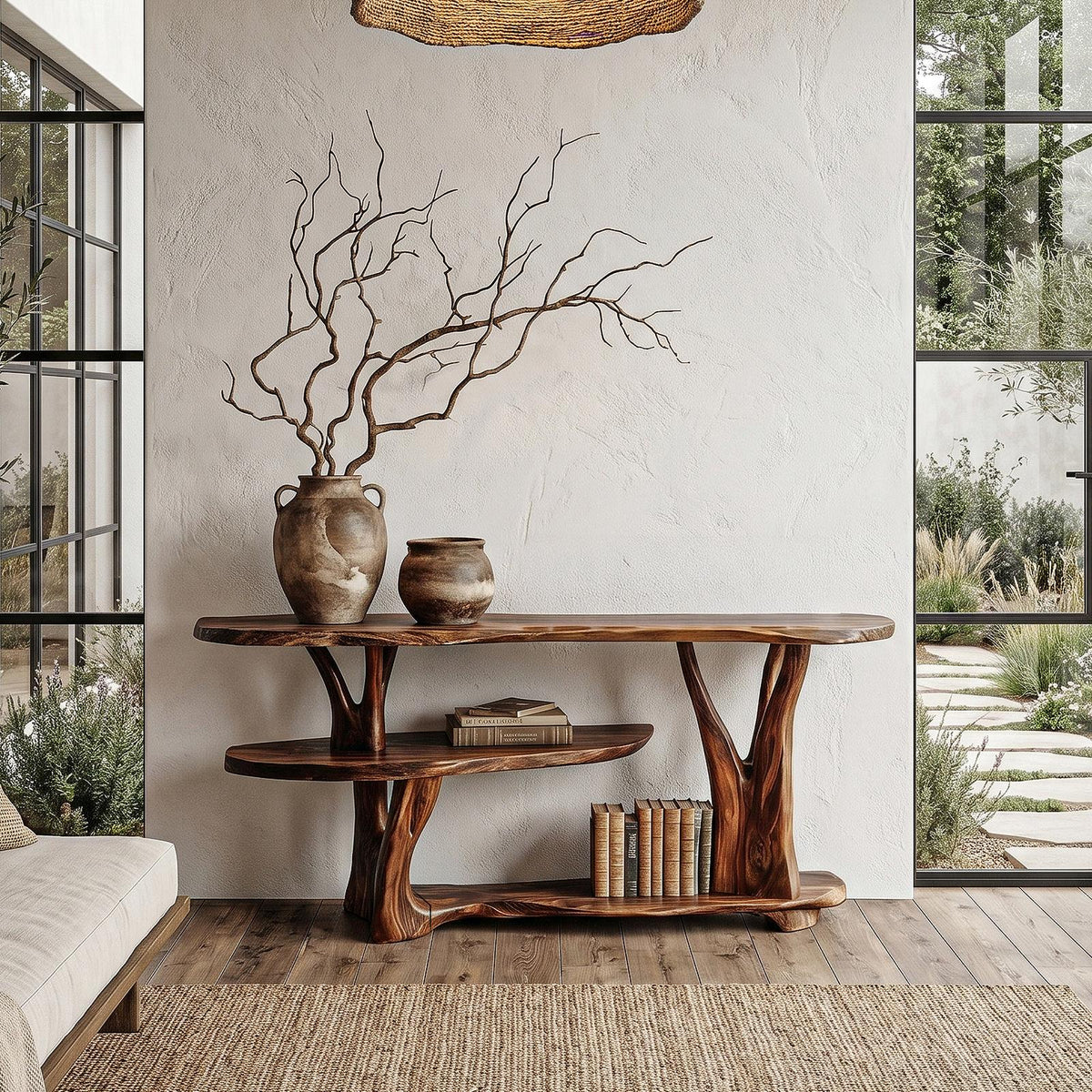Spry Interior Organic Wood Console Table with Sculptural Tree Root Base & Open Shelf, Rustic Entryway & Living Room Sofa Table, SINLHACS607