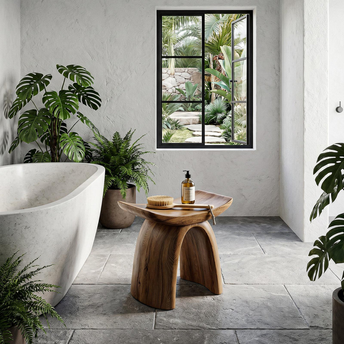 Organic Modern Solid Wood Shower Stool, Sculptural Base Waterproof Bath Seat Bench for Luxury Bathroom Spa