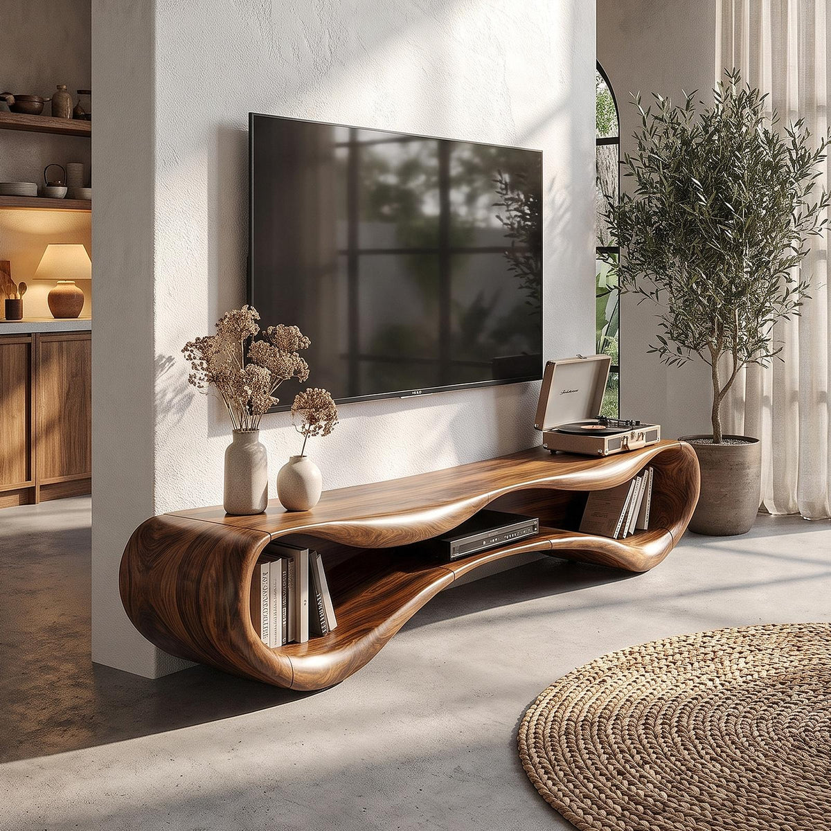 Modern Flowing Base TV Cabinet Wooden Media Unit For Living Room