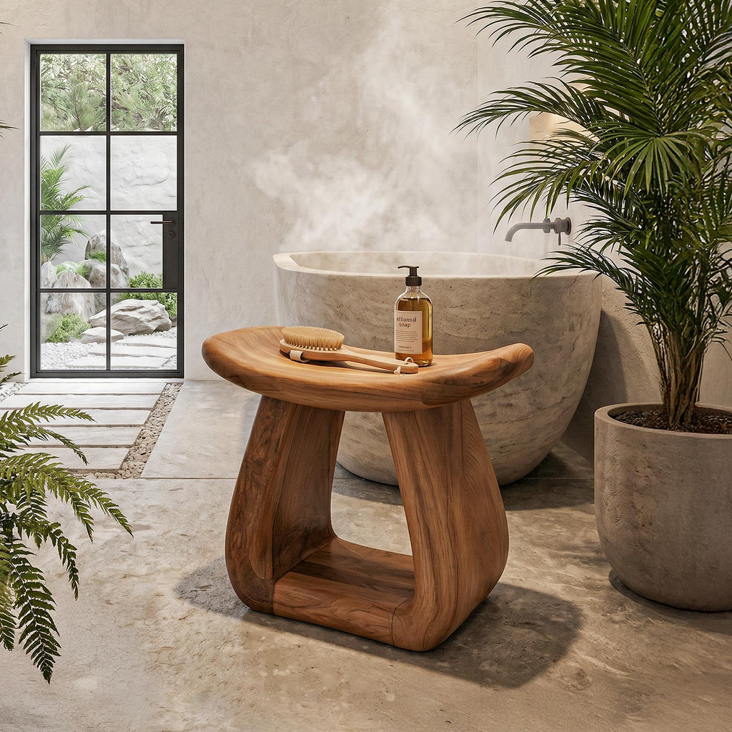 Organic Solid Wood Bath Stool, Handcrafted Pedestal Waterproof Shower Seat for Bathroom Spa and Vanity Decor