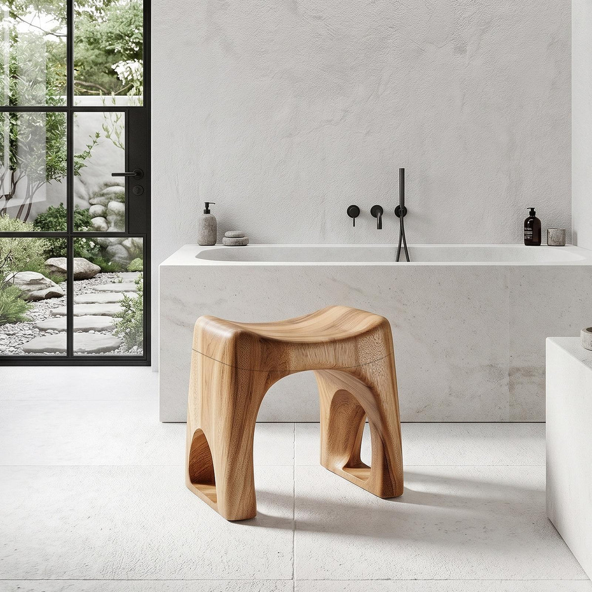 Minimalist Solid Wood Bathroom Stool, Organic Waterproof Spa Shower Bench Seat for Luxury Bathroom Decor