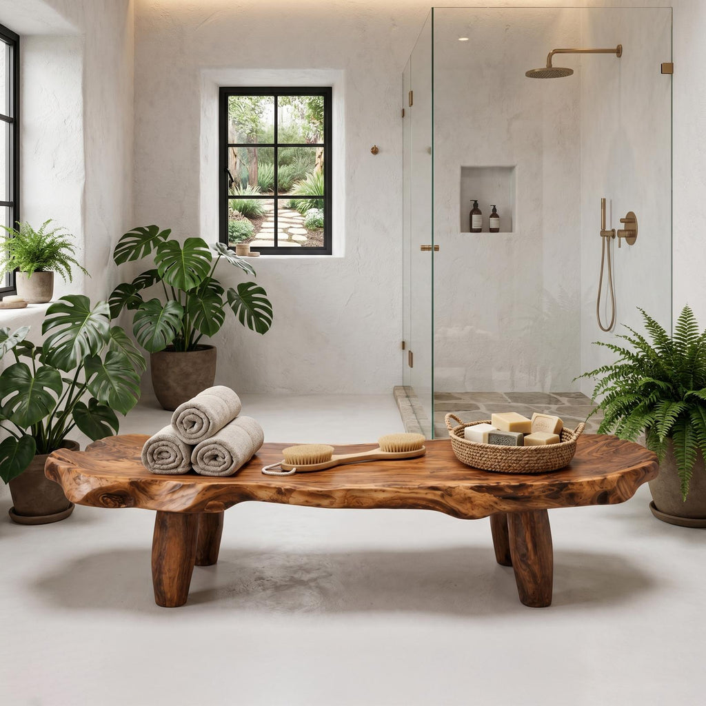 Organic Live Edge Solid Wood Shower Bench, Waterproof Spa Bath Seat Stool for Luxury Bathroom and Wet Room