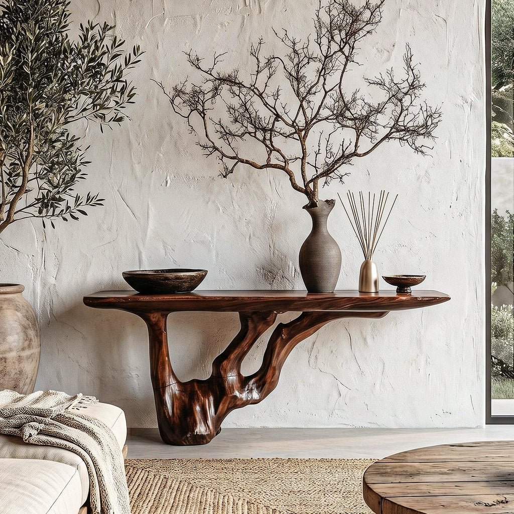Spry Interior Rustic Console Table, Handcrafted Natural Wood Slab Top with Unique Tree Root Base for Entryway Living Room, SINLHACS611