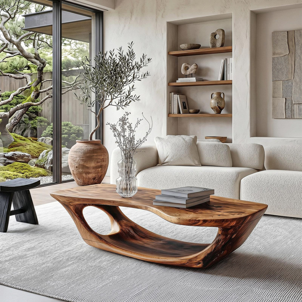 Wabi Sabi Solid Wood Coffee Table, Handcrafted Organic Wood Center Table for Rustic Living Room and Lounge