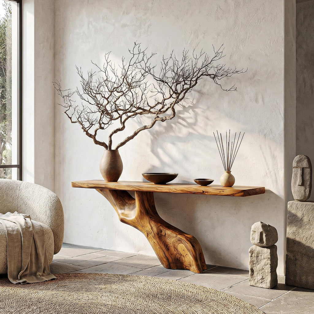 Tree Inspired Console Table, Rustic Live Edge Wood Top Slab with Natural Tree Root Base for Hallway & Foyer