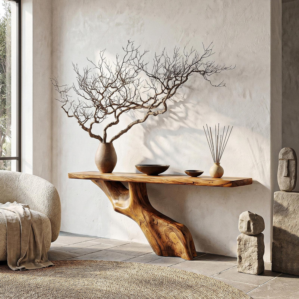 Tree Inspired Console Table, Rustic Live Edge Wood Top Slab with Natural Tree Root Base for Hallway & Foyer