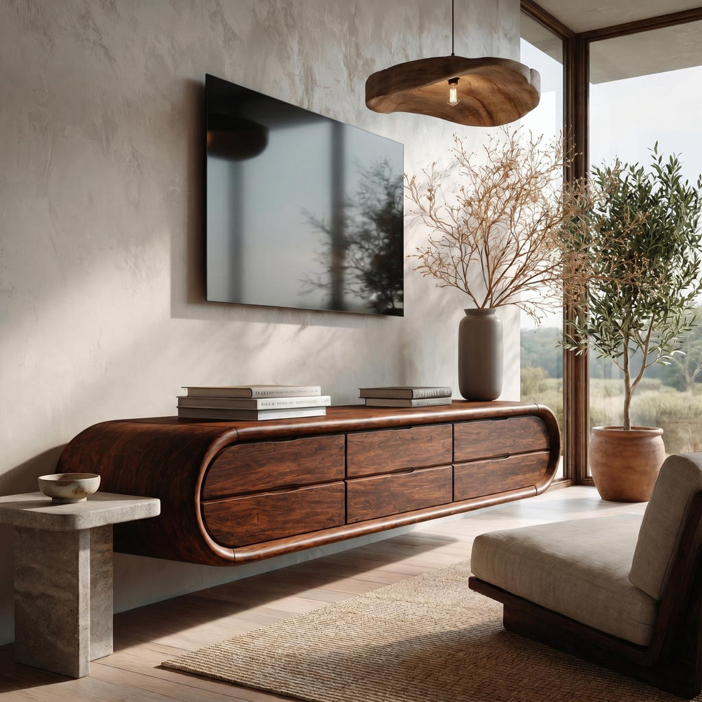 Organic Floating TV Cabinet, Sculptural Curved Solid Wood Wall Mounted Media Console Shelf for Living Room