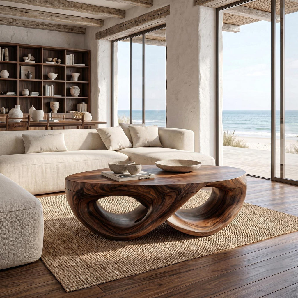 Organic Sculptural Solid Wood Coffee Table, Flowing Wood Center Table for Contemporary Living Room Lounge