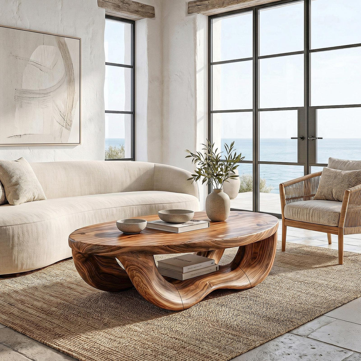 Modern Organic Coffee Table, Handcrafted Curved Solid Wood Center Table for Contemporary Living Room and Lounge