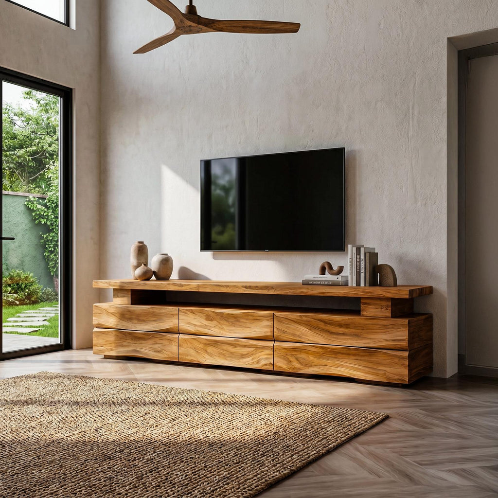 Rustic TV Cabinet with Wave Front Drawers & Open Storage Shelf, Solid Wood Media Entertainment Stand