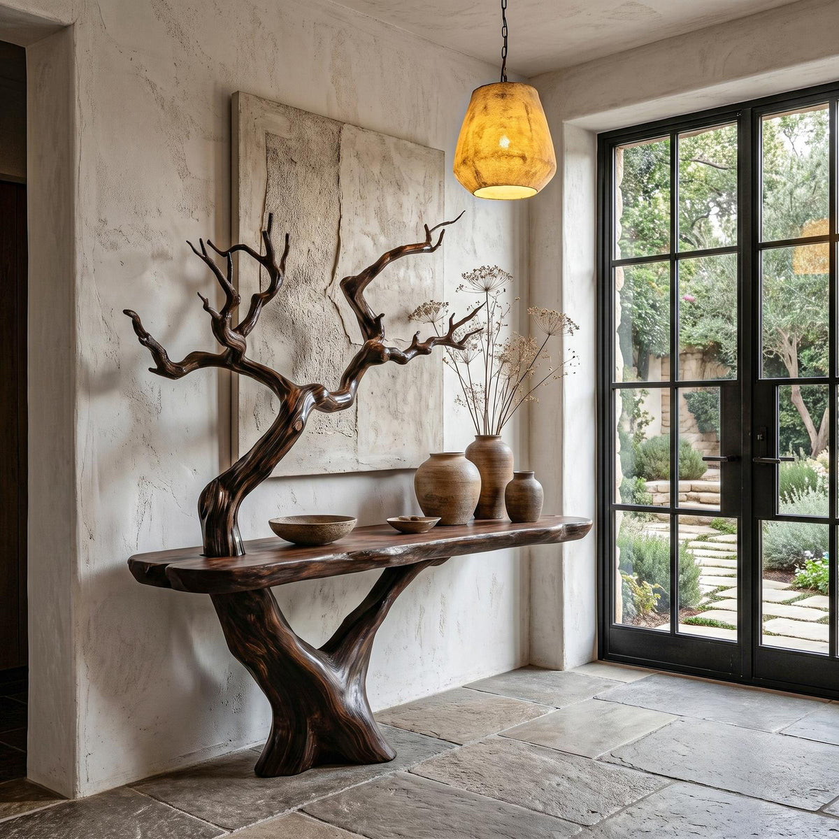 Rustic Live Edge Console Table with Sculptural Tree Branch Base, Handcrafted Solid Wood Foyer Sofa Table for Entryway & Living Room, SINLHACS613