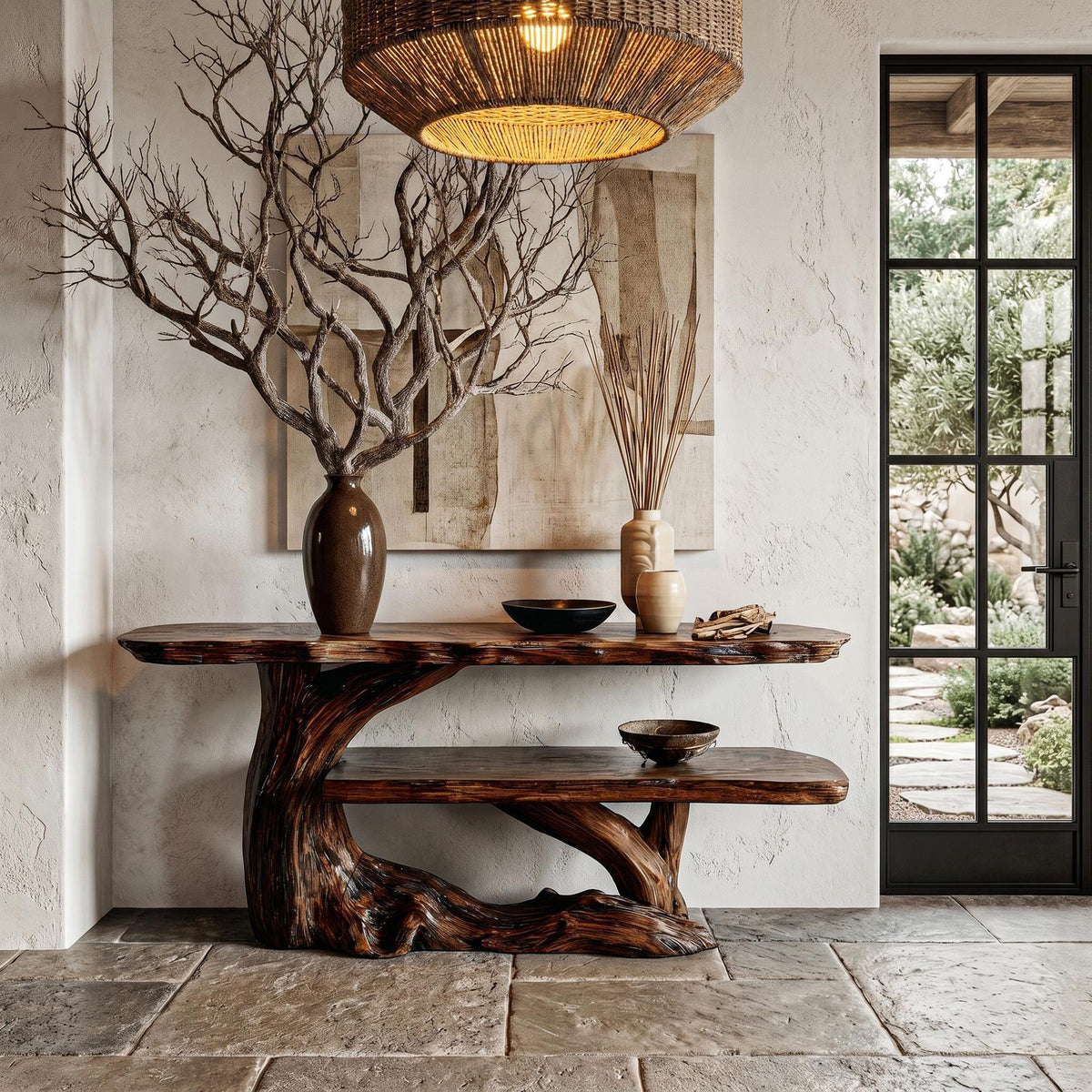 Nature Inspired Console Table with Sculptural Wood Branch Design, Live Edge Solid Wood Foyer Table, Entryway Accent Furniture, SINLHACS614