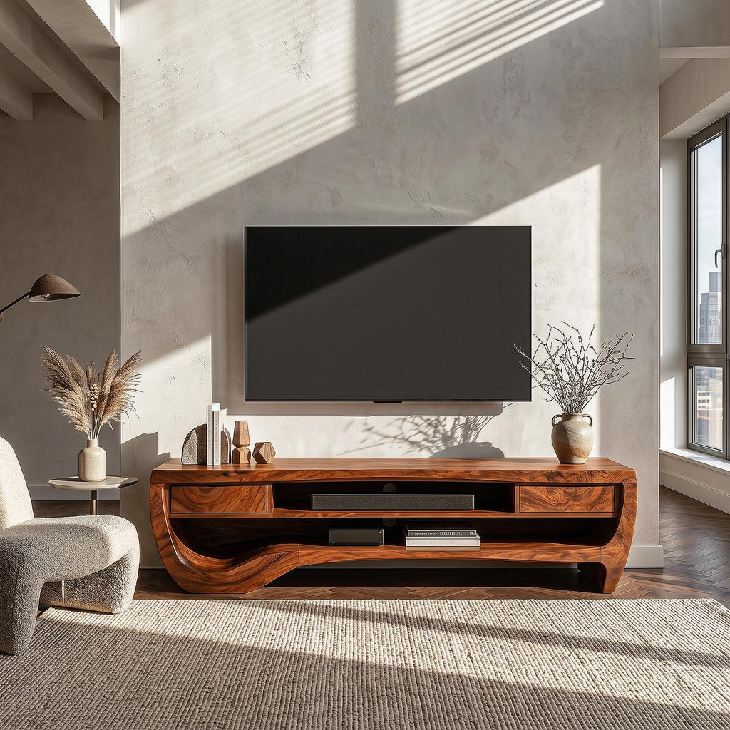 Organic TV Cabinet with Open Storage & Sculptural Curved Wood Design, Solid Wood Media Console TV Stand
