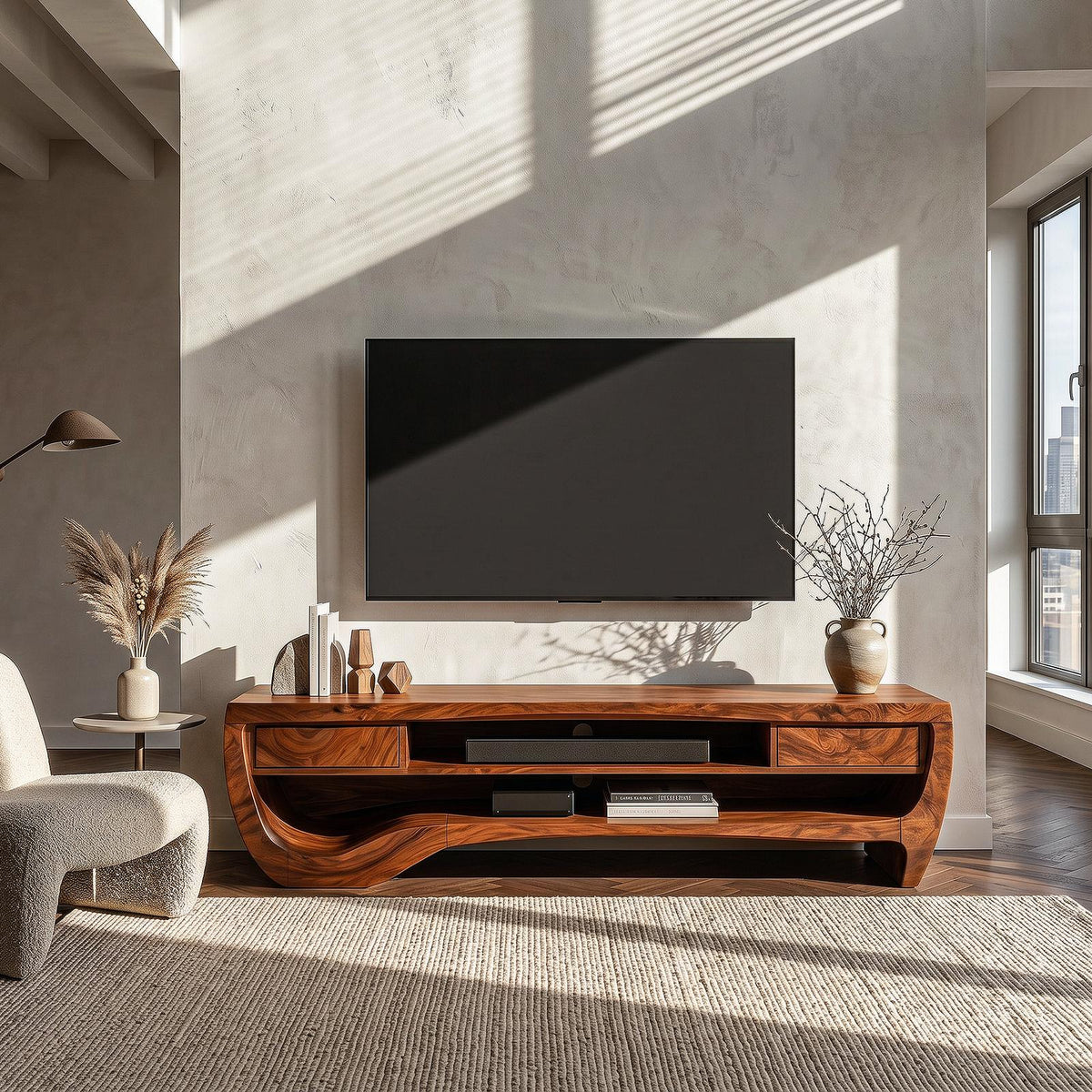 Organic TV Cabinet with Open Storage & Sculptural Curved Wood Design, Solid Wood Media Console TV Stand
