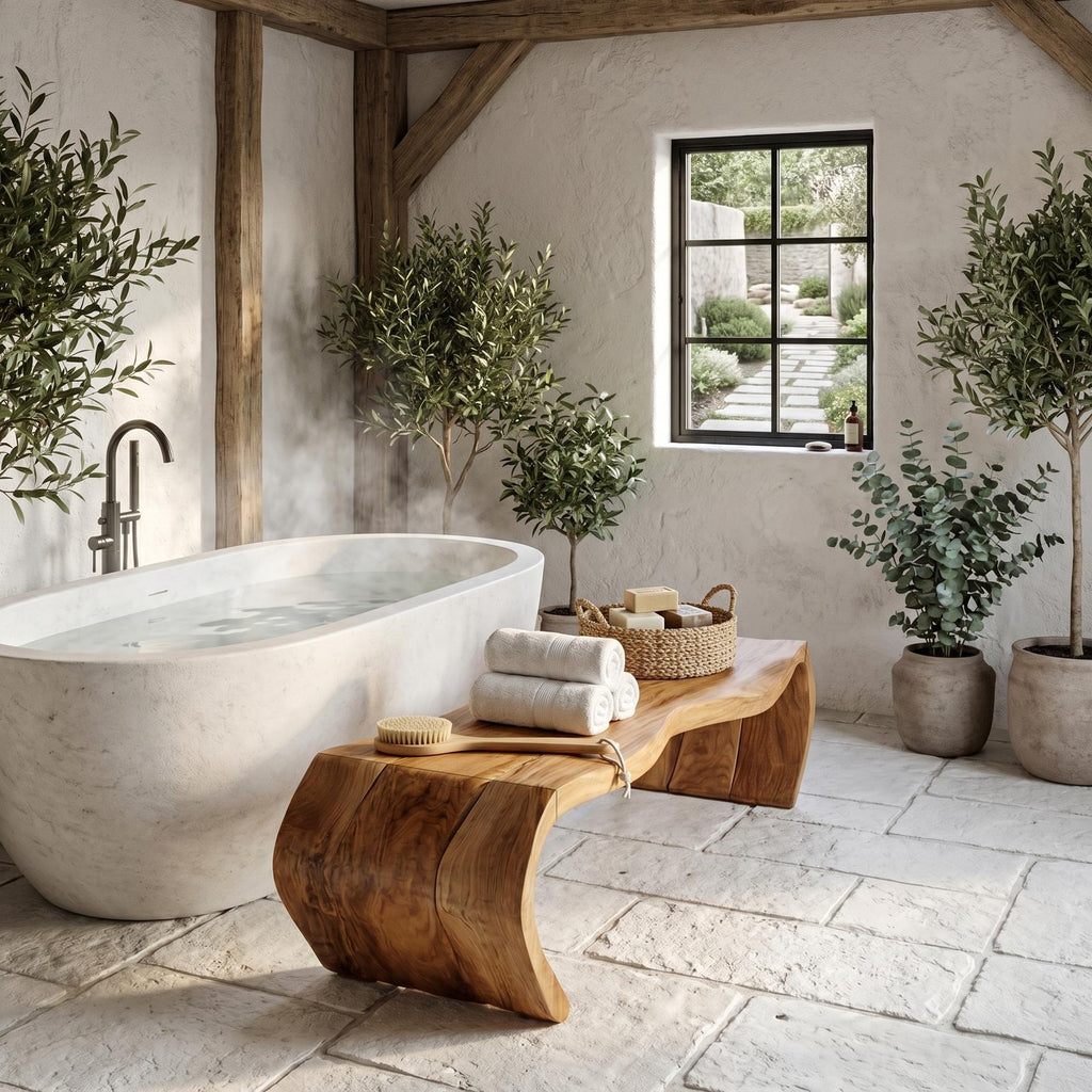 Handcrafted Solid Wood Shower Bench, Waterproof Spa Bath Seat Stool for Bathroom and Sauna, Natural Finish