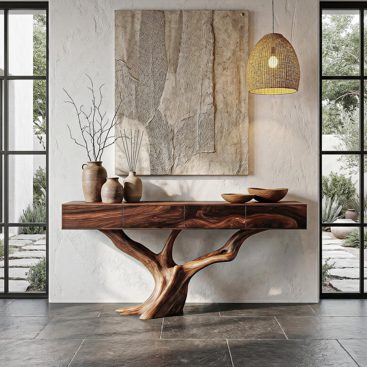 Rustic Live Edge Console Table with Sculptural Tree Branch Base, Solid Wood Entryway Sofa Table for Hallway Living Room Foyer, SINLHACS616