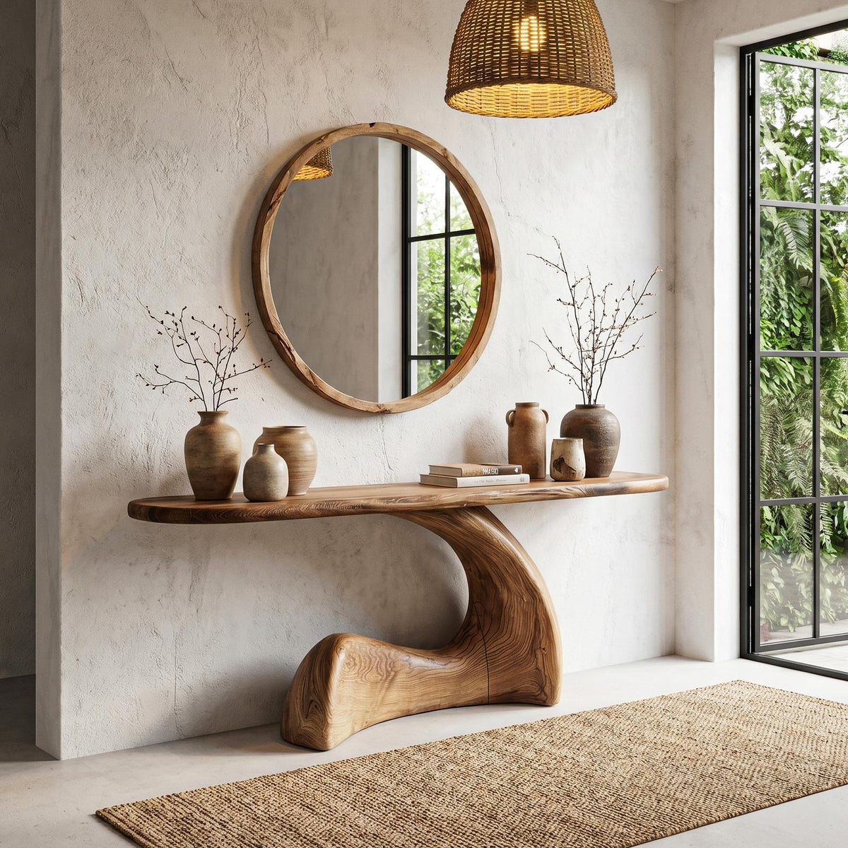 Organic Solid Wood Console Table with Sculptural Curved Base, Modern Entryway Sofa Table for Living Room
