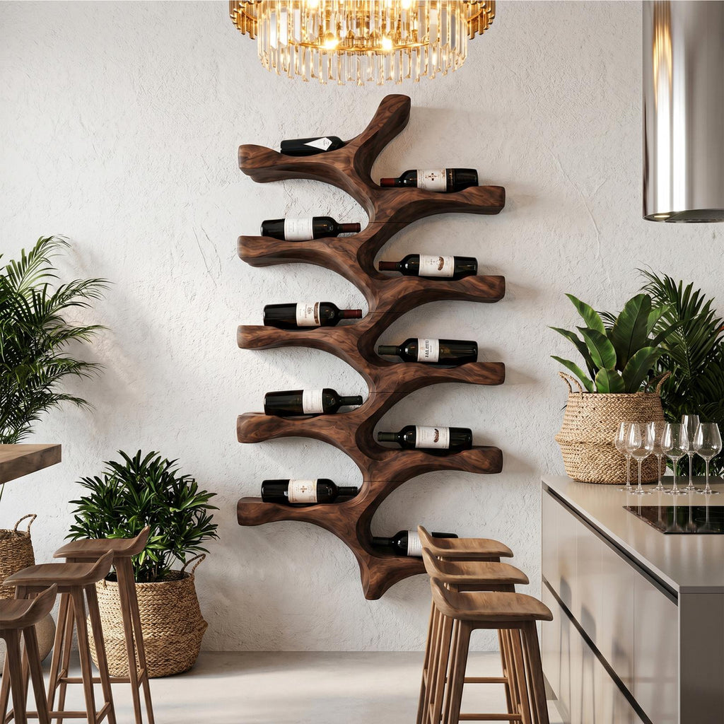 Organic Wall Mounted Wine Rack with Tree Branch Bottle Holders, Handcrafted Wood Wine Rack for Kitchen
