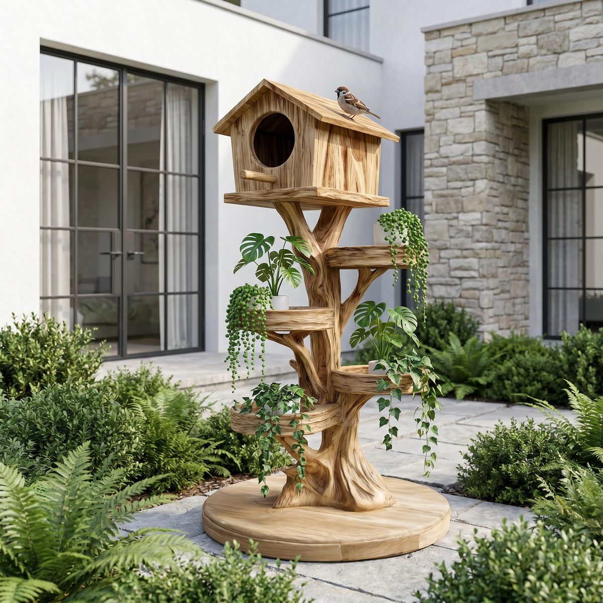 Rustic Tree Birdhouse With Built In Plant Stand For Garden SINLHAGD007