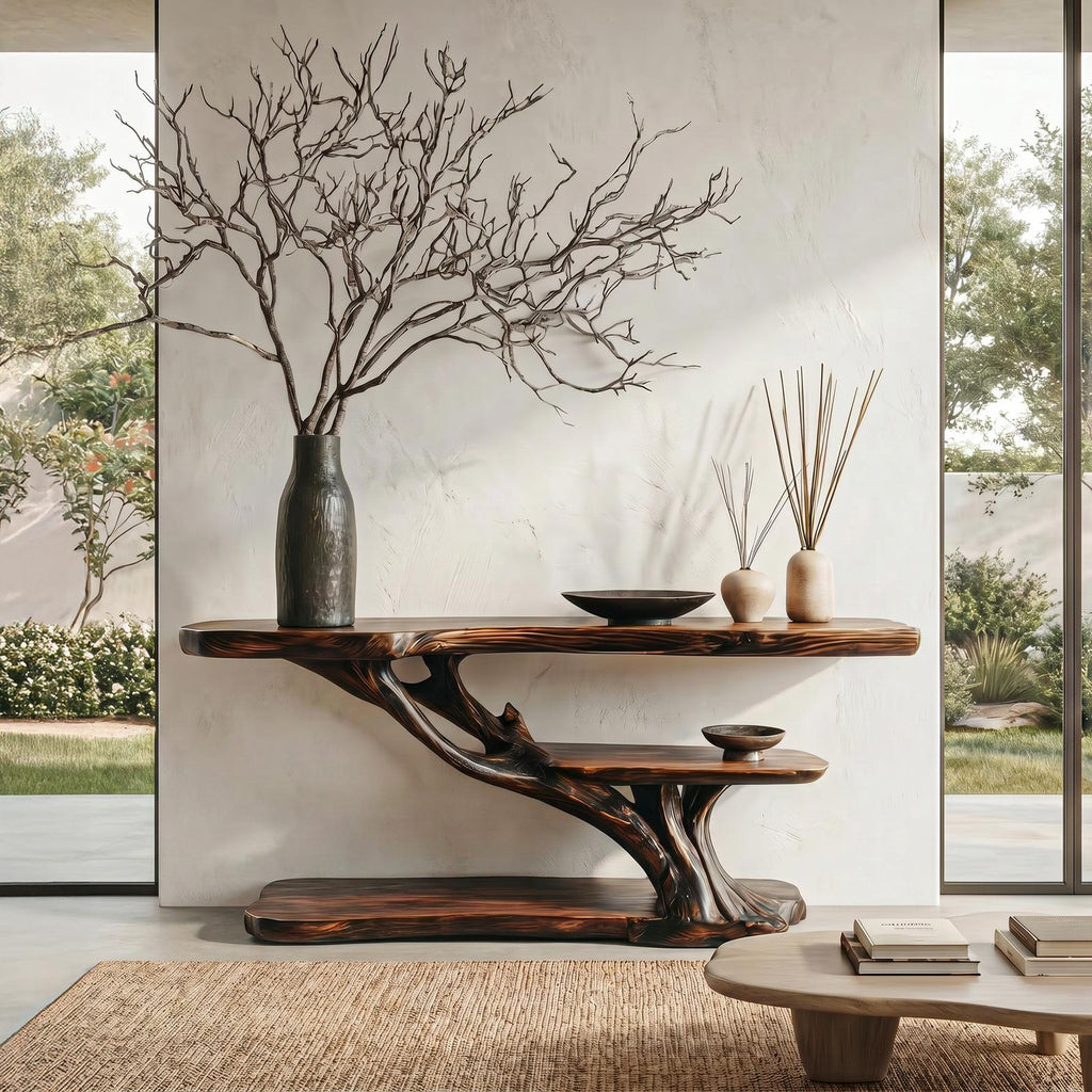 Organic Sculptural Console Table with Handcrafted Solid Wood Base for Entryway, Hallway, & Living Room Accent