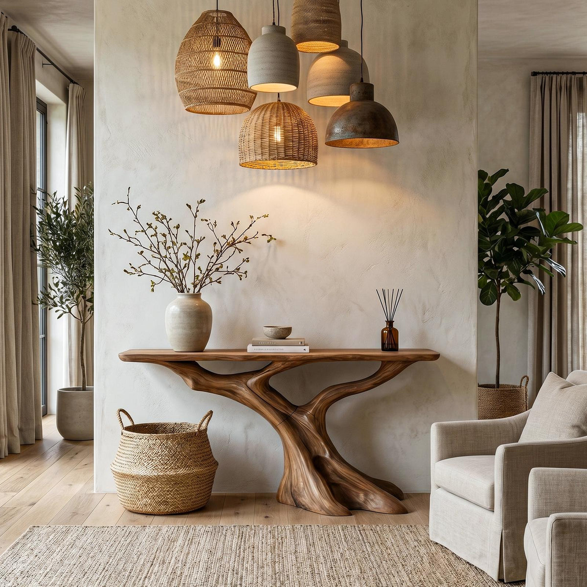 Nature Inspired Solid Wood Console Table with Tree Root Base, Rustic Live Edge Entryway Sofa Table for Living Room