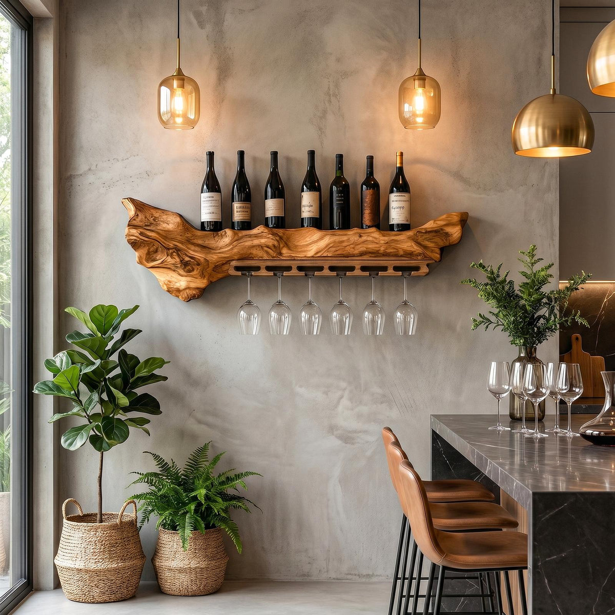 Rustic Live Edge Wall Mounted Wine Rack with Stemware Glass Holder, Hanging Wood Bottle Organizer for Kitchen
